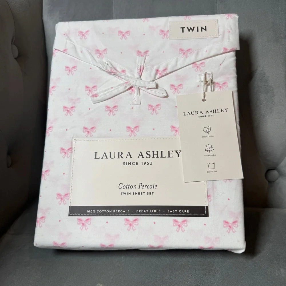 2 sets NEW‎ Laura Ashley LOVELY BOWS Pink/White 3pc Twin Sheet Set